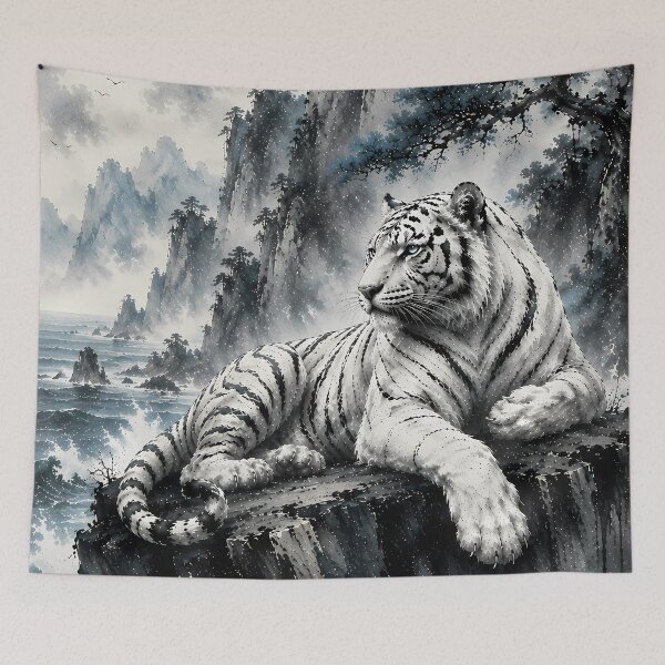 Item preview, White Tiger on Coastal Cliff in Misty Ink Landscape, Chinese Sumi-e Style, Tranquil Wildlife Art designed and sold by ManJiangHong.