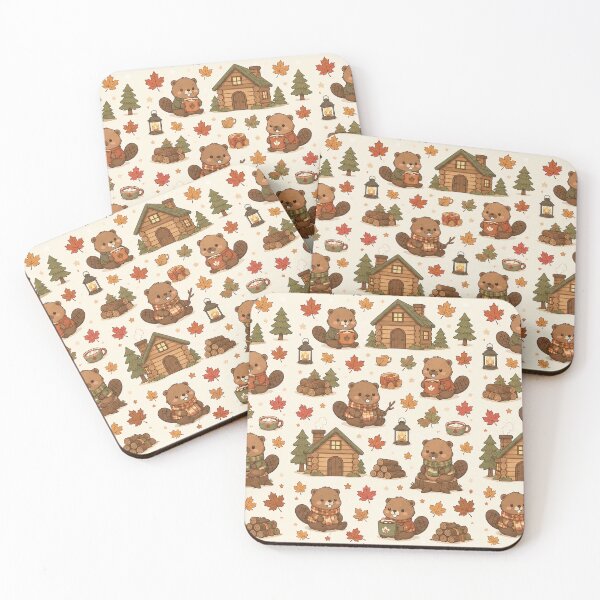 Item preview, Cute Kawaii Beaver Autumn Maple Cabin Pattern designed and sold by Soft Berry Studio.
