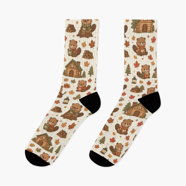 Item preview, Cute Kawaii Beaver Autumn Maple Cabin Pattern designed and sold by Soft Berry Studio.