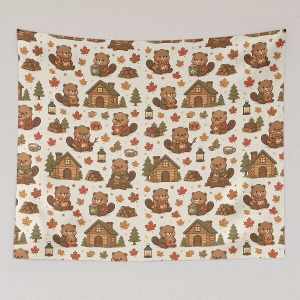 Item preview, Cute Kawaii Beaver Autumn Maple Cabin Pattern designed and sold by Soft Berry Studio.