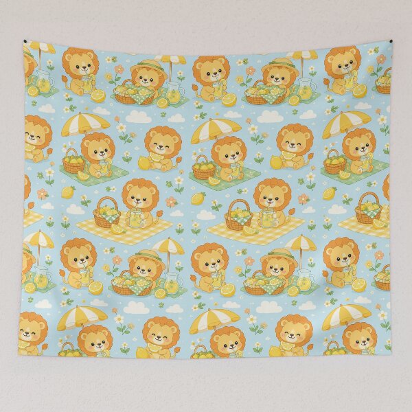 Item preview, Cute Kawaii Baby Lion Summer Lemon Picnic Pattern designed and sold by Soft Berry Studio.