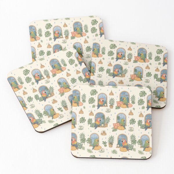 Item preview, Cute Kawaii Parrot Rainy Tropical Window Pattern designed and sold by Soft Berry Studio.
