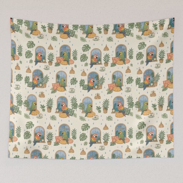 Item preview, Cute Kawaii Parrot Rainy Tropical Window Pattern designed and sold by Soft Berry Studio.