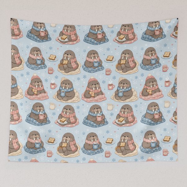 Item preview, Cute Kawaii Walrus Snowy Breakfast Pattern designed and sold by Soft Berry Studio.