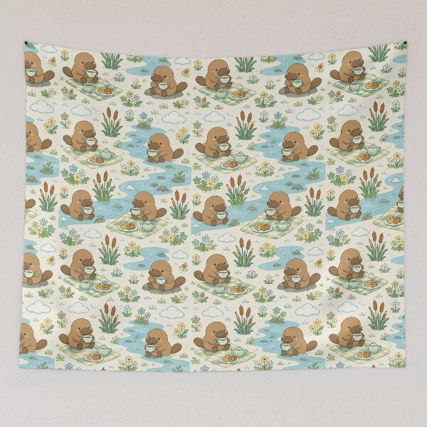 Item preview, Cute Kawaii Platypus Spring River Tea Pattern designed and sold by Soft Berry Studio.