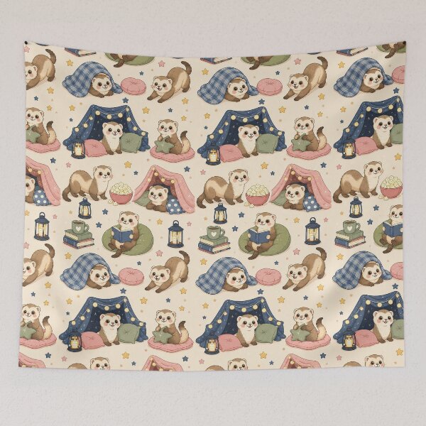 Item preview, Cute Kawaii Ferret Cozy Blanket Fort Pattern designed and sold by Soft Berry Studio.