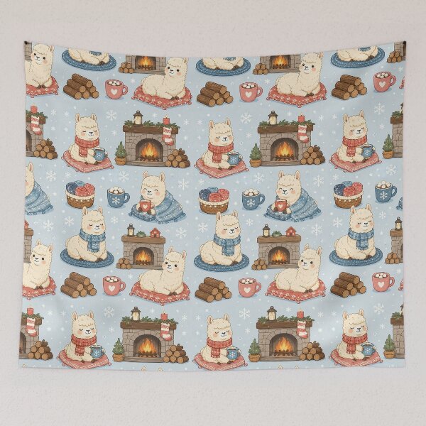 Item preview, Cute Kawaii Llama Winter Fireplace Pattern designed and sold by Soft Berry Studio.