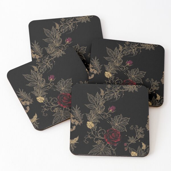 Item preview, Dark Red Roses with Gold Botanical Linework designed and sold by WitchyBotanicaArt.