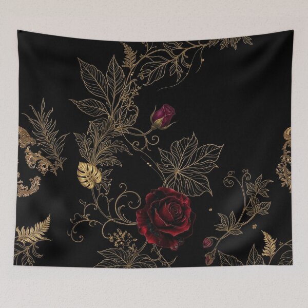 Item preview, Dark Red Roses with Gold Botanical Linework designed and sold by WitchyBotanicaArt.