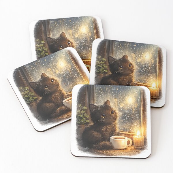 Item preview, Rainy Day Kitten Sticker | Cozy Black Cat Watching the Rain with Coffee designed and sold by Sara-Ai.
