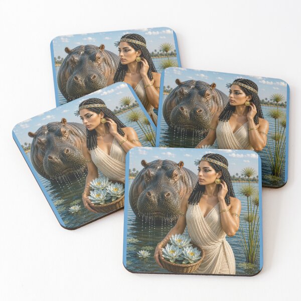 Item preview, Ancient Egyptian Girl gathering Blue Lotus with Hippo in Nile designed and sold by TuyaArts.
