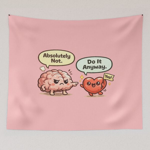 Item preview, Brain Says No Heart Says Do It Anyway | Cute Kawaii Motivation Meme Sticker designed and sold by StickyDelights.