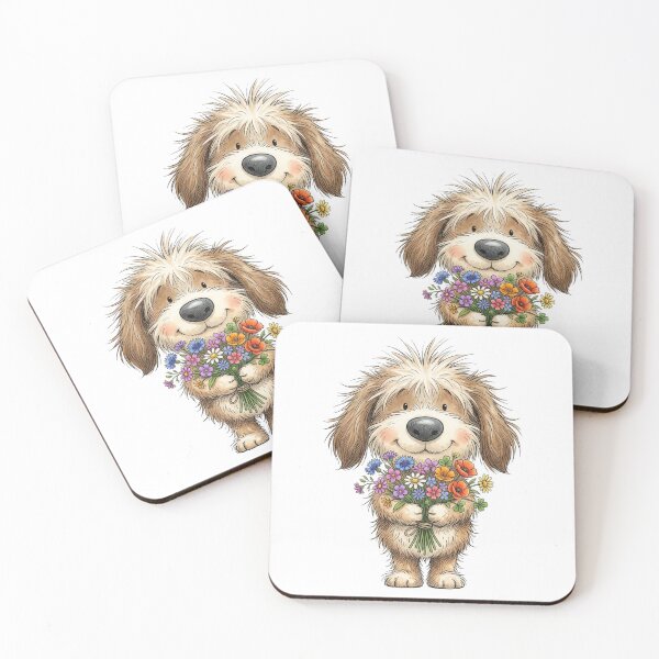 Item preview, Cute Shaggy Puppy Holding Wildflower Bouquet Watercolor designed and sold by raedattia.