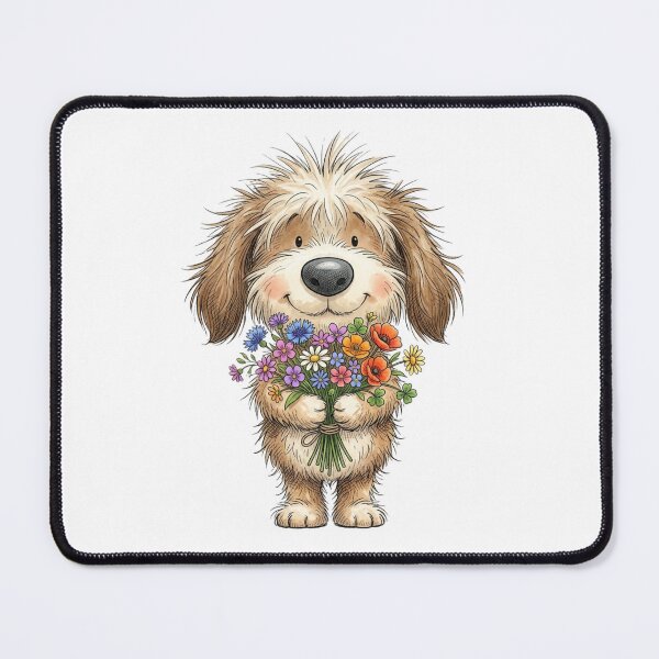 Item preview, Cute Shaggy Puppy Holding Wildflower Bouquet Watercolor designed and sold by raedattia.