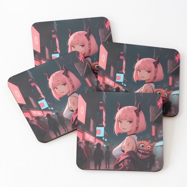 Item preview, Cyberpunk Demon Girl in Neon City With Little Monster In Backpack designed and sold by D6rkT3chDemon.