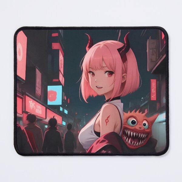 Item preview, Cyberpunk Demon Girl in Neon City With Little Monster In Backpack designed and sold by D6rkT3chDemon.