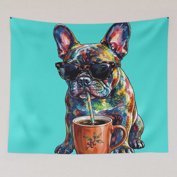 Item preview, Cool French Bulldog Drinking Coffee Watercolor Art designed and sold by chriswo-design.