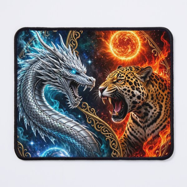 Item preview, Silver Cosmic Dragon vs Inferno Jaguar - Yin Yang Duality designed and sold by 303 Visionary Prints .
