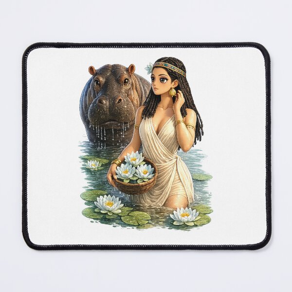 Item preview, Cute Pharaonic Anime Girl with Hippo Taweret and Blue Lotus designed and sold by TuyaArts.