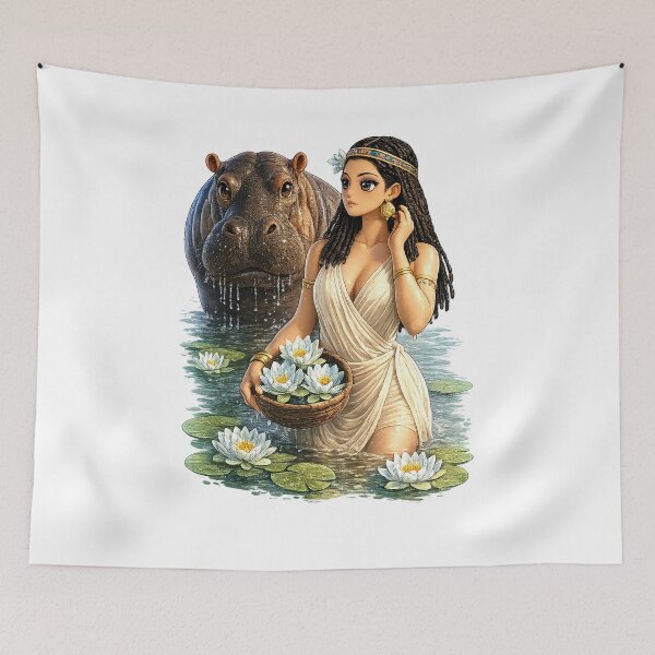 Item preview, Cute Pharaonic Anime Girl with Hippo Taweret and Blue Lotus designed and sold by TuyaArts.