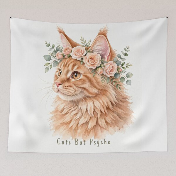 Item preview, Cute But Psycho - Funny Maine Coon Ginger Cat Floral Wreath Watercolor designed and sold by SDKENERGY.