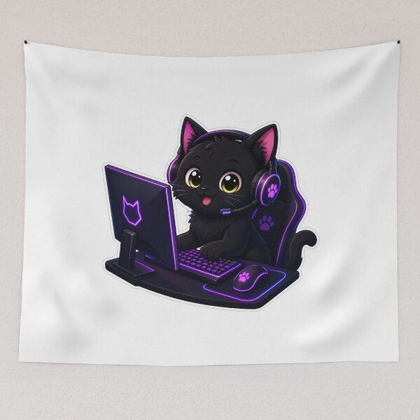 Item preview, Cute Black Cat Gamer with Headset Sticker designed and sold by Aliplus+.