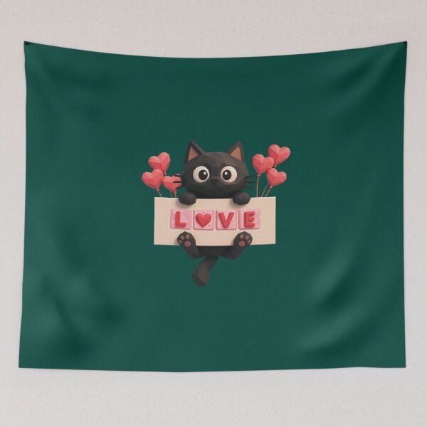 Item preview, Kawaii Black Kitten with Love Sign and Hearts designed and sold by ArtMochis.