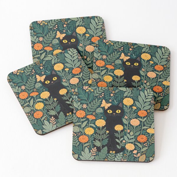 Item preview, Black Cat Among Marigold Flowers Folk Art  designed and sold by Jozefin's Studio.