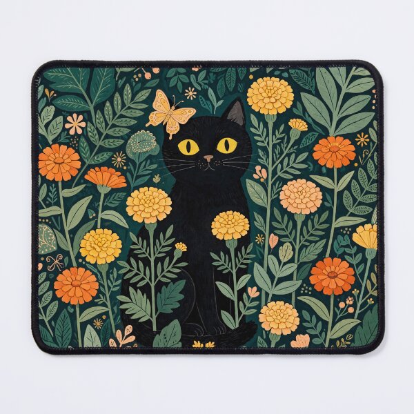 Item preview, Black Cat Among Marigold Flowers Folk Art designed and sold by Jozefin's Studio.