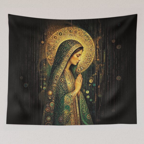 Item preview, Madonna Figure in Emerald Robe with Golden Halo designed and sold by Lucia Amaris Art.