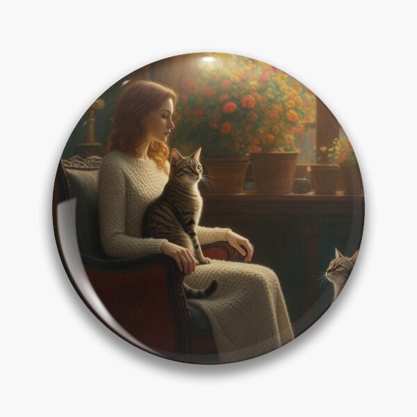 Artikelvorschau, Elegante Frau mit getigerten Katzen in einem sonnendurchfluteten Zimmer – Ölgemälde entworfen und verkauft von UmSkelig834.