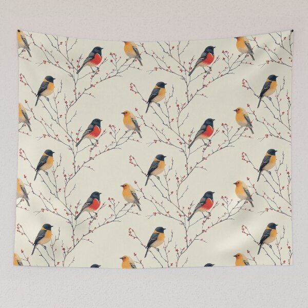 Item preview, Minimalist Birds on Berry Branches Seamless Pattern designed and sold by NTGUILTY.