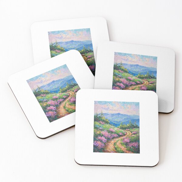 Item preview, Impasto Mountain Path with Wildflowers – Colorful Palette Knife Landscape Oil Painting Art Print designed and sold by BigD shop.