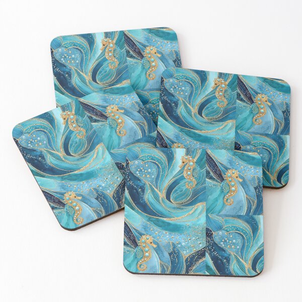 Item preview, Golden Waves - Luxury Seahorses Watercolor Blue Gold designed and sold by Natalia-Vlad.