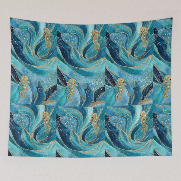 Item preview, Golden Waves - Luxury Seahorses Watercolor Blue Gold designed and sold by Natalia-Vlad.