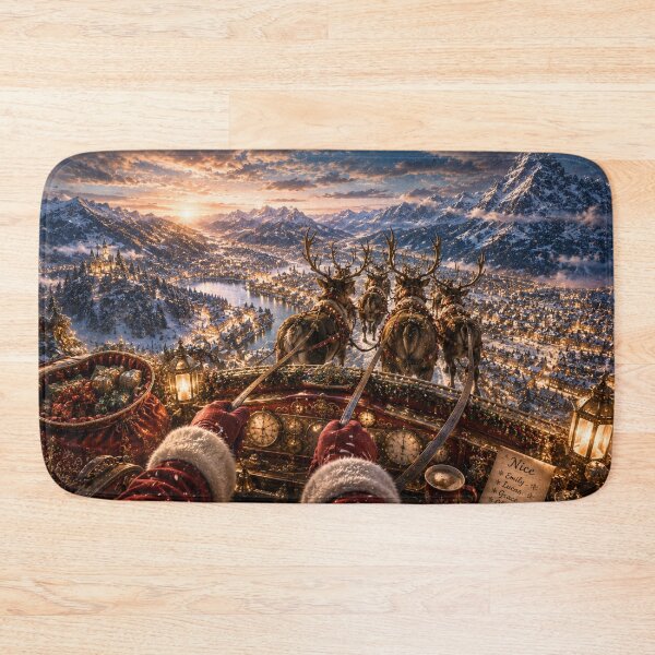 Item preview, Santa's Sleigh Ride | Flying Over a Magical Christmas Village | Holiday Puzzle & Winter Wall Art designed and sold by Edenglow Prints & Peculiars.