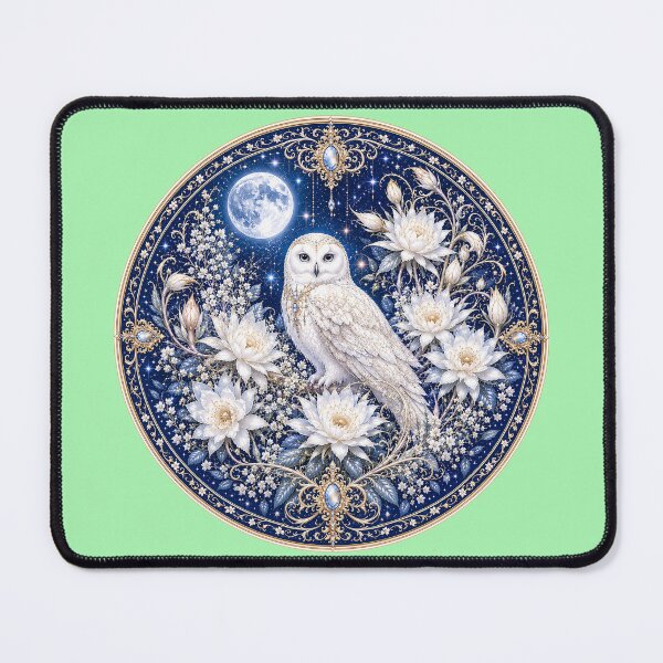 Item preview, Moonlit Snowy Owl – White Moon Flower Fantasy Mandala designed and sold by sunbowjp stadio.