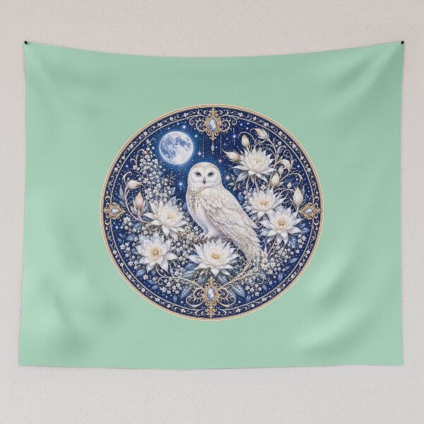 Item preview, Moonlit Snowy Owl – White Moon Flower Fantasy Mandala designed and sold by sunbowjp stadio.