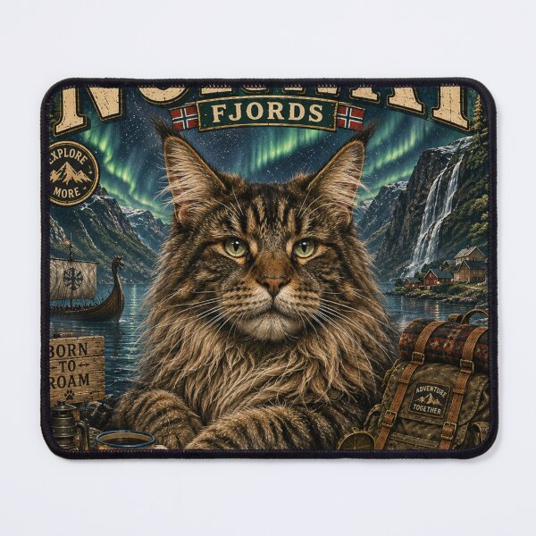 Item preview, Norway Fjords Maine Coon Vintage Adventure Cat Nordic Travel Outdoor T-Shirt designed and sold by TeeVibeHaus.
