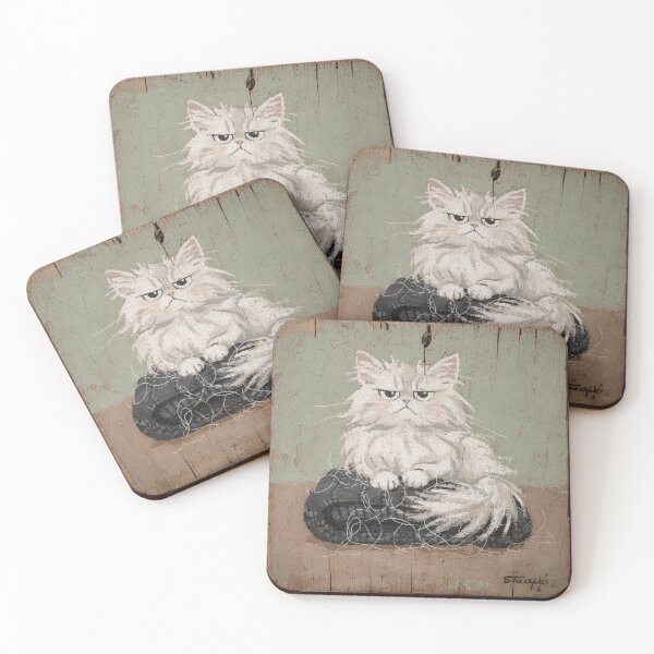 Item preview, Fluffy White Cat Shedding on the Black Sweater Folk Art designed and sold by PictorialWhimsy.
