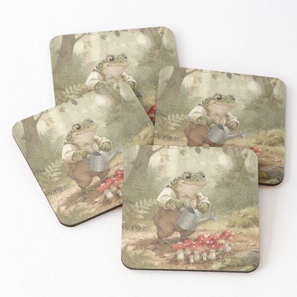 Item preview, Toad Gardener Watering a Row of Toadstools Cottagecore Art designed and sold by PictorialWhimsy.