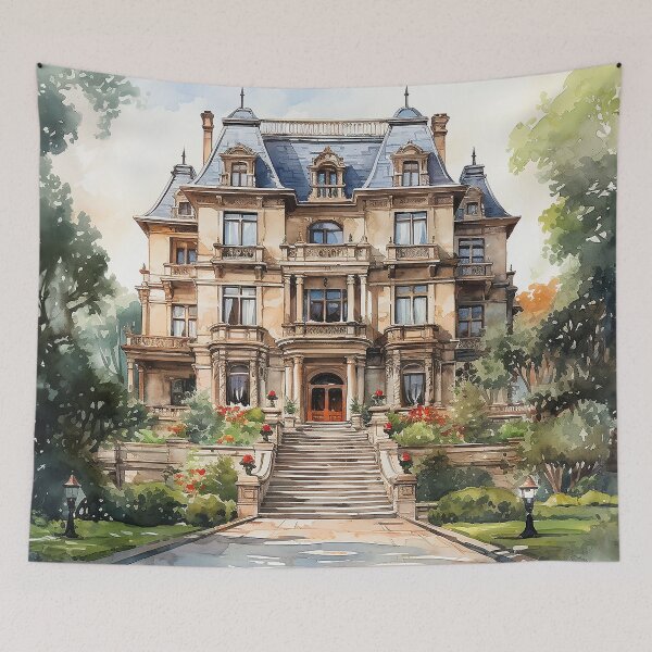 Item preview, Timeless Manor - A Mansion On A Lush Estate - Watercolor Art - Landscape Art designed and sold by CastleBySea.