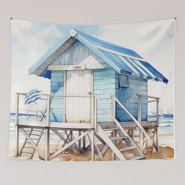 Artikelvorschau, Blue Breeze Retreat – Eine blau-weiße Strandhütte – Landschaftsmalerei – Aquarell entworfen und verkauft von CastleBySea.