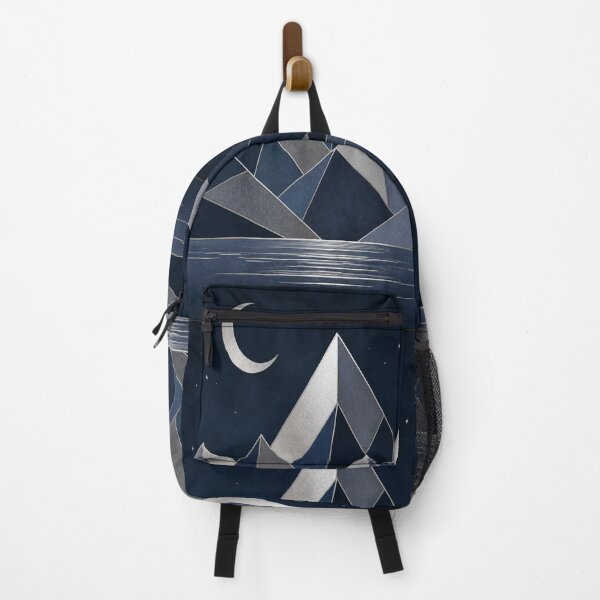 Item preview, Cool Indigo Blue Geometric Mountain Peak Crescent Moon Landscape designed and sold by Gameshalah's Designs Hub.
