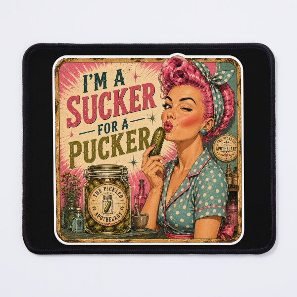Item preview, I'm a Sucker for a Pucker |   Funny Retro Pickle Sticker designed and sold by Imagine Ink Design Studio.
