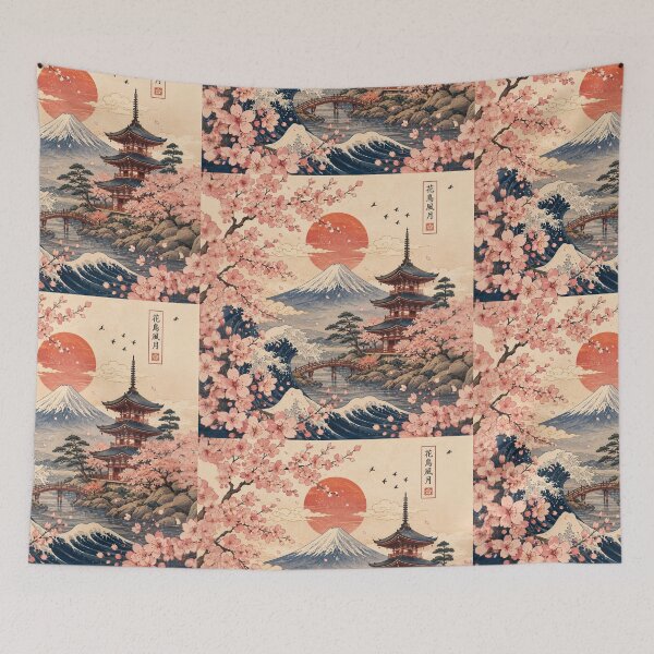 Item preview, Japanese Sakura Landscape – Mount Fuji & Pagoda Vintage Art  designed and sold by LunaVales.
