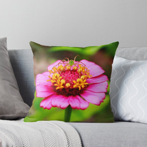 Item preview, Green Lynx Spider on Pink Zinnia Flower 1x1 designed and sold by PhotoArtbyGrace.