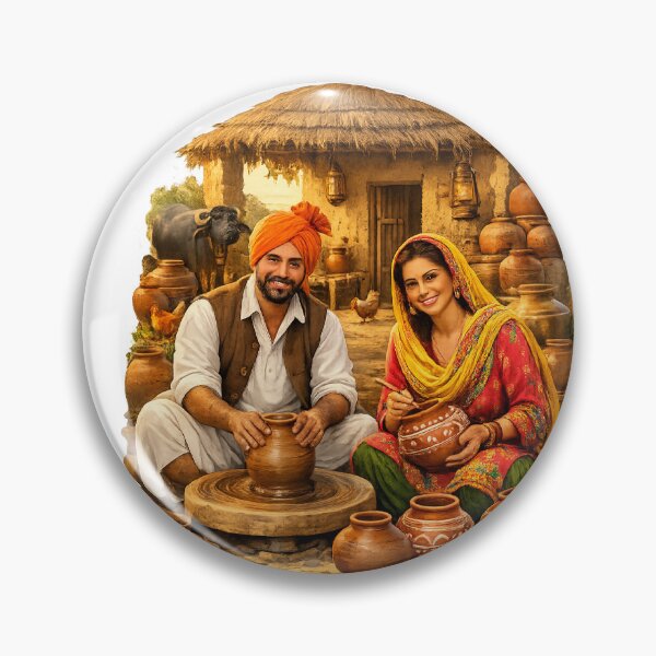Item preview, Traditional Punjabi Potter Couple Village Portrait Die-Cut Sticker | Rural Clay Art & Handmade Pottery designed and sold by Arts121.