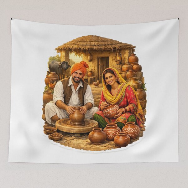 Item preview, Traditional Punjabi Potter Couple Village Portrait Die-Cut Sticker | Rural Clay Art & Handmade Pottery designed and sold by Arts121.