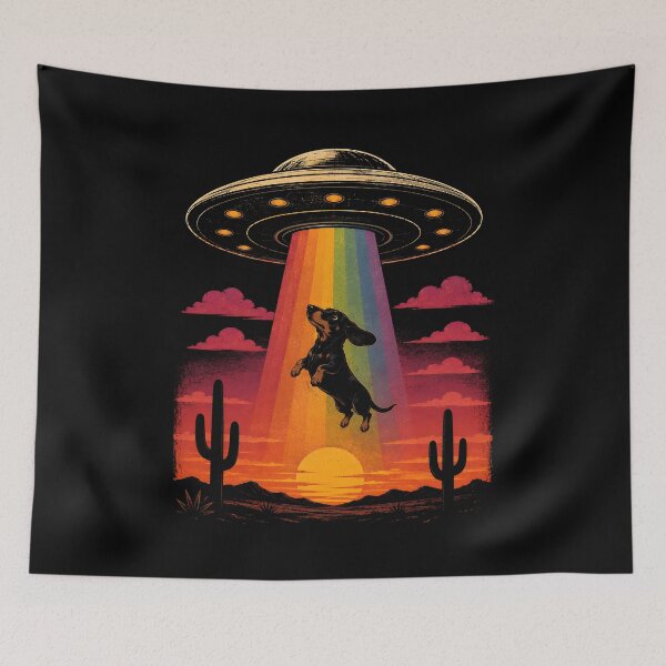 Item preview, Dachshund UFO Abduction Desert Sunset designed and sold by CelidaBonde.